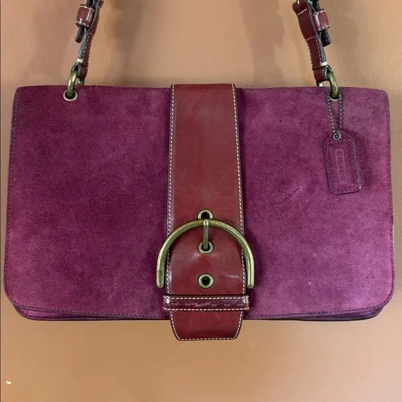 👜Vintage Y2K Coach Burgundy Suede &Leather shoulder bag(9664)